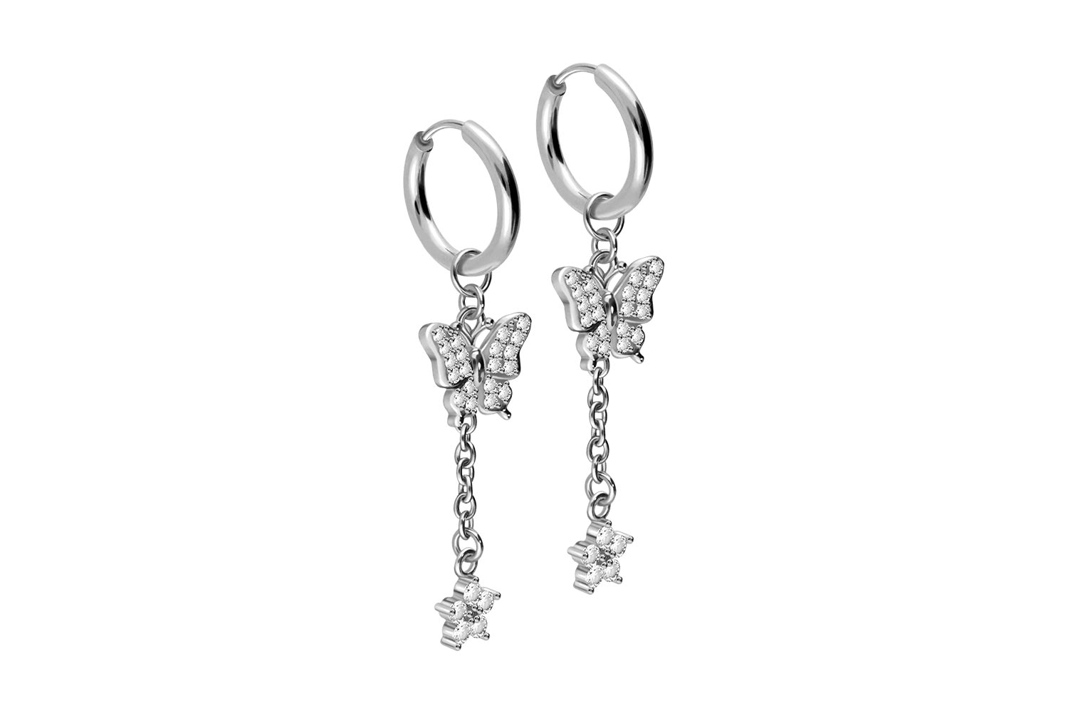 Chirurgenstahl Ohrclicker Creolen KRISTALLSCHMETTERLING + KRISTALLBLUME von Piercingline